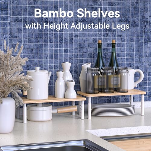 Bamboo Cabinet Organizer Shelf 2 Pack, Height Adjustable | Stackable Kitchen Shelf Organizer Wood Spice Rack Storage for Kitchen and Bathroom Cabinet, Pantry & Countertop
