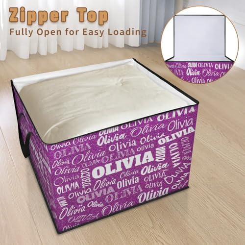 Personalized Name Large Storage Basket with Lid, Canvas Storage Bins Quilt Clothes Organizer for Bedroom, Kitchen, Bathroom, Nursery, Shelves, Closets, Dark Magenta Purple Glittering Bling