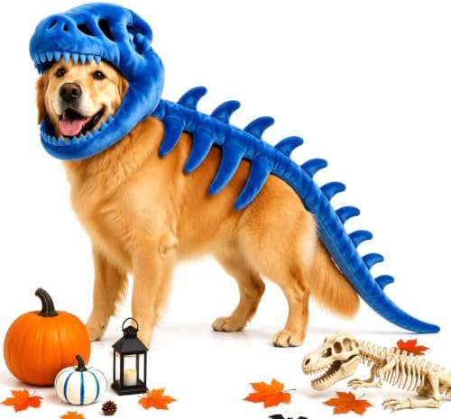 Pet Dinosaur Costume, 31.4inch Halloween 3D Skeleton Design Costume for Medium to Large Dogs, Realistic Dino Outfit for Pet Cosplay Party Family, Round and Chubby Body,Adorably Silly Blue
