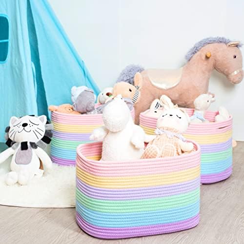 MINTWOOD Design 3-Pack Storage Baskets and Cube Bins for Shelves, Playroom and Classroom, Decorative Woven Closet Organizers for Books, Shoes, and Pantry Items, Pastel Rainbow