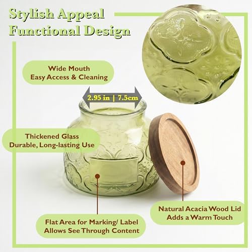 Decorative Green Embossed Glass Jar with Airtight Wooden Lid, 25.4 fl. oz | Wide mouth vintage storage canister, kitchen pantry bathroom organization, coffee sugar tea cookie candy candle vase gift