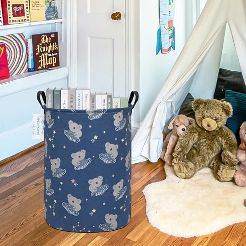 Round Laundry Basket Collapsible Storage Hamper Organizer Space Koala | Waterproof Canvas Foldable Baskets with sturdy Handles Multi-scene Organizer for Home Play Bedroom Gift Bin