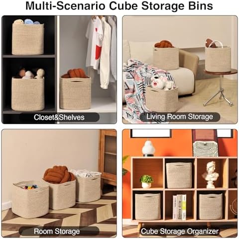 ICERZCZ 11 Inch Cube Storage Bins, Woven Baskets, Mixed Brown, Pack of 3 | Cube Organizer Bin, Cotton Rope Basket for Storage Organizing Shelves, Square Baskets for Toys Books Nursery Bathroom