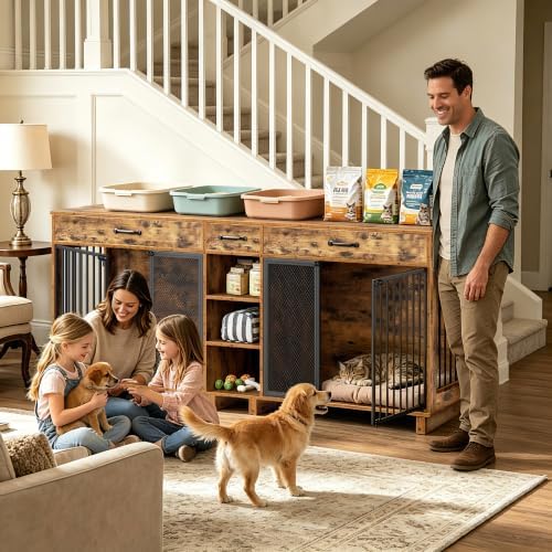 Double Dog Crate Furniture TV Stand, Wooden Dog Cage for Medium Large Dogs, Heavy Duty Single/Double Dog Crates for Small/Medium/Large Dogs,Large Size 78.74" L(35-60 Pounds), Brown