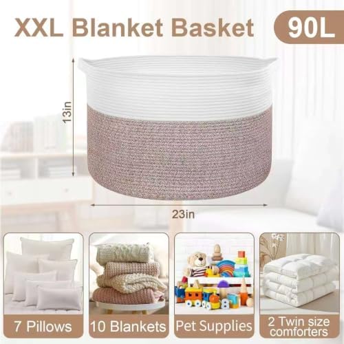 90L Large Blanket Basket Storage with Handles - White & Brown