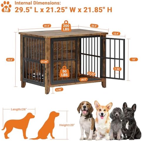 YaFiti 31.5" Wooden Dog Crate Furniture for Medium/Small Dogs, Rustic Brown | Adjustable Feeder, 2 Bowls, Chew-Resistant, Heavy Duty, Dog Kennel Indoor, Decorative Side End Table, Pet Cage House