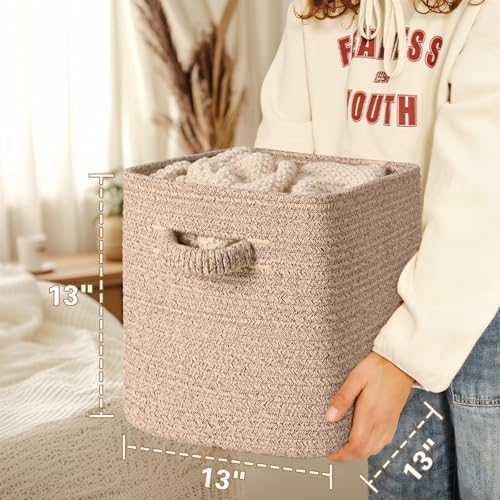 13 Inch Storage Cubes, 3 Pack Cube Storage Bins for Organizing, Cotton Rope Woven Baskets for Shelves, Bathroom, Kids Room, Closets, Baby Nursery