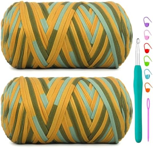 2 Pack Tshirt Yarn for Crochet,Rainbow T Shirt Soft Elastic Fabric Chunky Thick T-Shirt Crochet Yarn for Crocheting Knitting Beginner Hand Knitting Bag/DIY Craft/Home Decor 2 * 400G-Green Blue