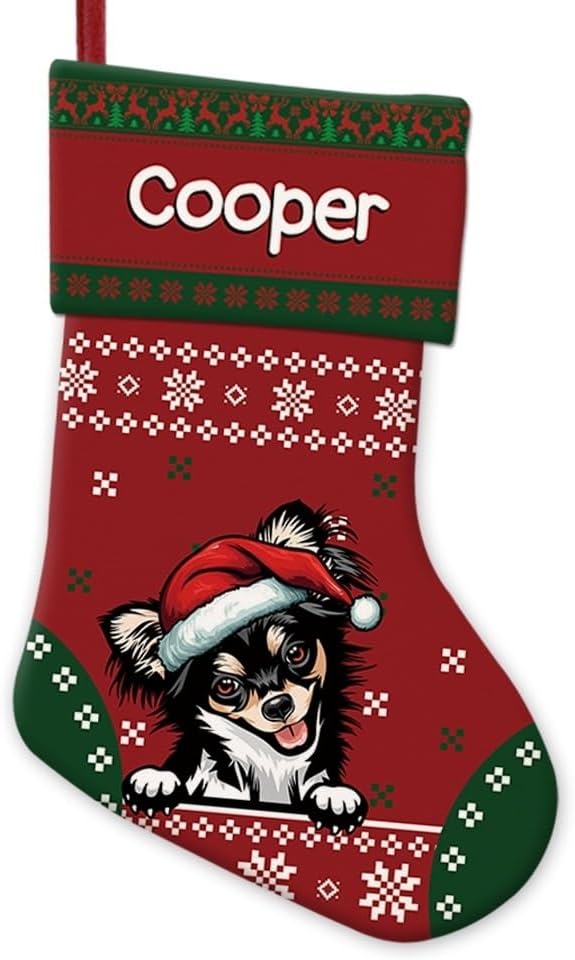 Personalized Christmas Stocking Cute Chihuahua Dog Red Christmas Snowflake Xmas Holiday Stocking Fireplace Home Decor 14"