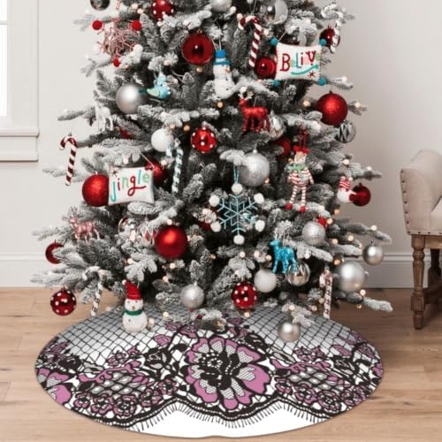 Christmas Tree Skirt, Soft Polyester Xmas Tree Skirts with Ribbon Ties, Rustic Farmhouse Holiday Party Decorations Ink and Black Lace Frame Pattern 30"