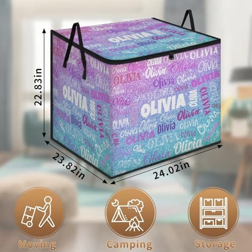 Custom Extra Large Storage Baskets Named with Lid, Personalized Storage Bins Basket Boxes Handles for Clothes Blanket Bedroom Closet Organizing Toys Shelves, Pink Blue Glittery Sequins