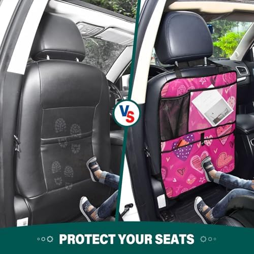 2 Pack Back Seat Car Organizer with Storage Pockets Kick Mats Back Seat Protector Hanging Car Organizer Automotive Seat Back Cover Organizers Hot Pink Doodle Hearts Stars