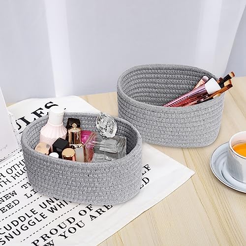 【2 Pack】ABenkle Small Woven Baskets, Tiny Oval Shallow Storage Baskets, Mini Cotton Rope Empty Decorative Basket, Boho Little Organizer Bins for Bathroom, Cat Dog Toy Gifts Baskets