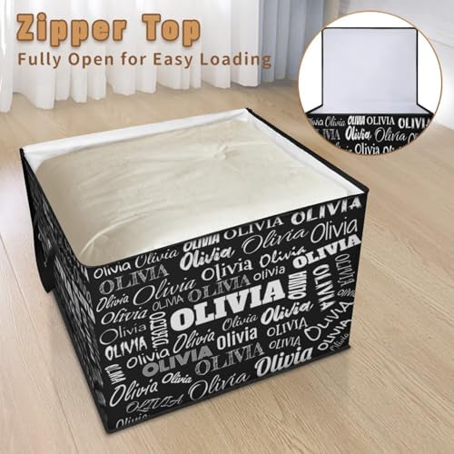 Custom Name Storage Bin with Lid, Personalized Extra Large Black Storage Basket with Handles Zippers for Organizing Comforters, Blankets, Bedding Closet Shelf Baskets