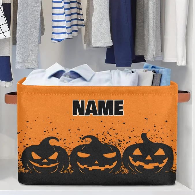 Custom Name Storage Bin, Personalized Rectangular Storage Basket with Handles for Organizing Boys Girls Toys Office Closet Shelf Baskets, Watercolor Orange Black Pumpkins Halloween