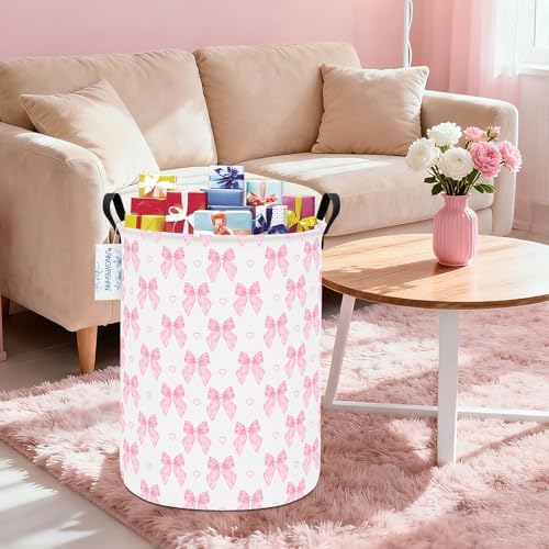 Round Laundry Basket Collapsible Storage Hamper Pink Bowknot | Waterproof Canvas Foldable Baskets with sturdy Handles Multi-scene Organizer for Home Play Bedroom Gift Bin