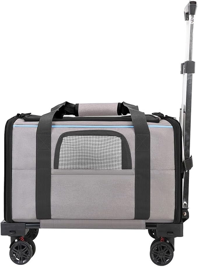 Pet Trolley Bag, Detachable Rolling Carrier for Small Dogs Cats Portable Pet Travel with Telescopic Handle and Shoulder Strap, for Airplane Car (Gray with Blue Edges)