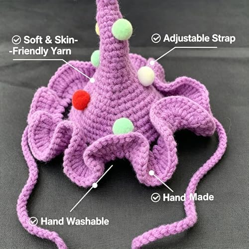 Handmade Crochet Hat & Bib Set for Call Duck - Soft Adjustable Knit Outfit with Flower Decoration, Cute Clothes for Pet Duck, Photo Prop & Daily Wear, Purple