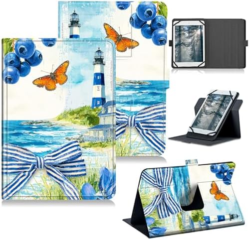 Universal Tablet Case for T-Mobile Revvl Tab 2 10.1" Model:9185W 2025/Revvl Tab 5G 10.36" 2023, 360 Degree Rotating Kickstand Protective Stand Leather Shell Cover for 9"-10.5", Blue Beach