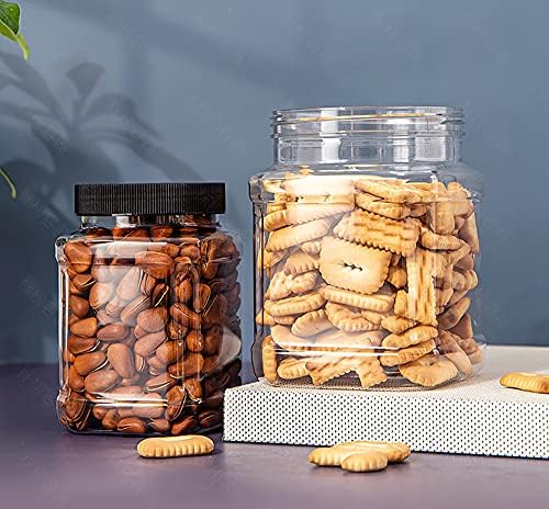 Lawei 6 Pack Clear Plastic Square Jars - 32 Oz Containers with Easy Grip Handles for Dry Goods, Cookies, Candy and More