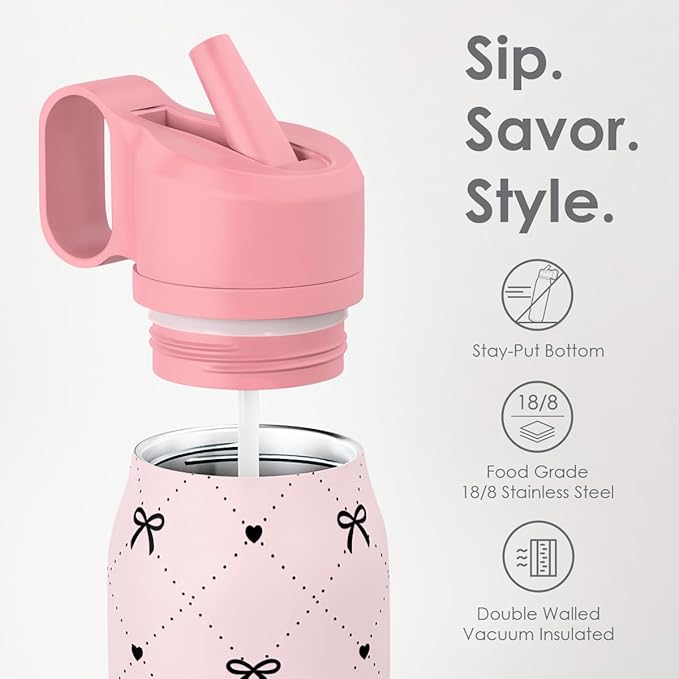 Bow Insulated Stainless Steel Water Bottle with Twist Lid 20oz, Sports & Gym Water Bottles for Women Girls Friends, Gift for Birthday Christmas