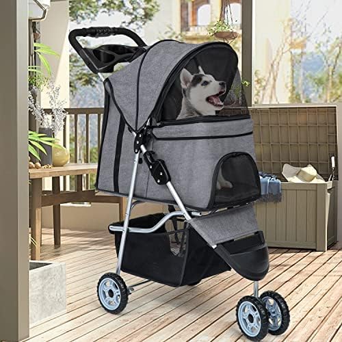 BestPet | 3-Wheel Foldable Pet Stroller | Grey | Lightweight & Portable | Travel Carrier with Mesh Windows, Storage Basket, Cup Holder, Safety Brakes, and Waterproof Fabric | For Small Dogs and Cats