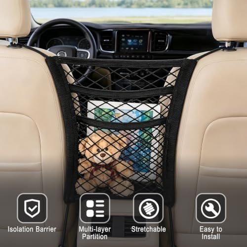 3-Layer Car Mesh Organizer, Dog Barrier Between Front Seats, Elastic Seat Back Net Bag for Kids, Pets, Tissue, Purse, Storage Pouch, Stretchable for SUV Van Truck