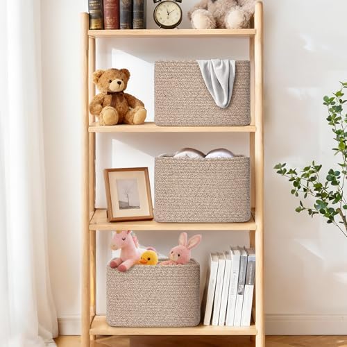 Storage Baskets for Organizing, 4 Pack Baskets for Shelves, Decorative Storage Bins for Shelves, Cotton Rope Storage Basket with Handles, Woven Basket for Storage, 13''Lx8.7''Wx7.9''H, Brown