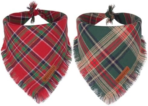 ADOGGYGO Christmas Dog Bandanas with Tassels Edges, Stylish Plaid Dog Christmas Scarf Bib, Multiple Sizes Offered, Plaid Bandanas for Large and Extra Large Dogs (X-Large)