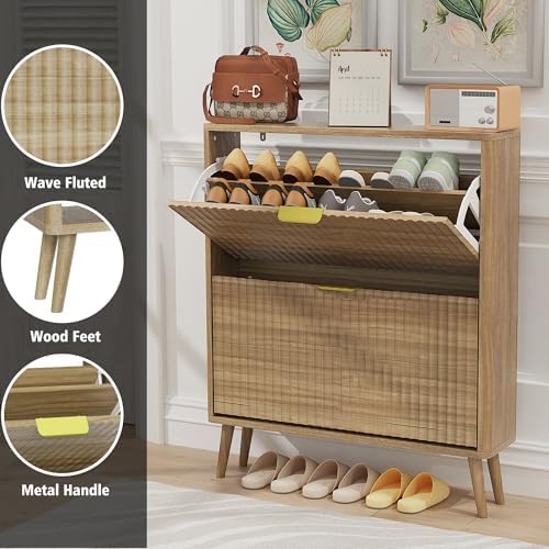KIGOTY Narrow Shoe Storage Cabinet, Shoe Cabinet with 2 Flip Drawers, Freestanding Shoe Organizer with Legs for Entryway, Slim Shoe Rack Cabinet for Enterway (Yellow, 2 Flip Drawer)