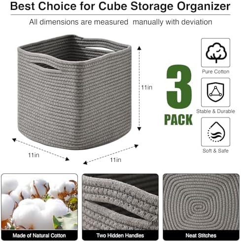 ICERZCZ 11 Inch Cube Storage Bins, Storage Cube Organizer Bins, Woven Cotton Rope Basket for Storage, Storage Baskets for Organizing Shelves, Grey Baskets for Toys Nursery, Grey (Pack of 3)