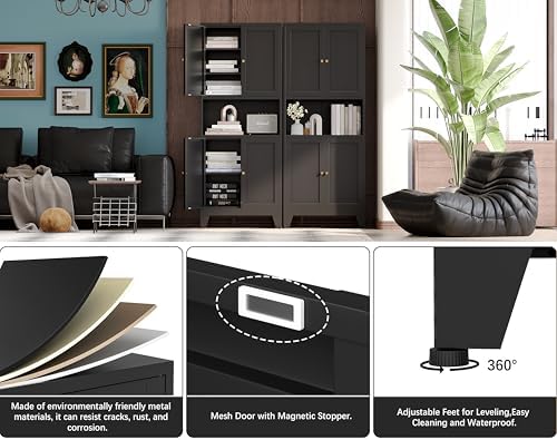 69"H Metal Storage Cabinet with Doors and Shelves,Tall Black Cabinets,Bathroom Storage Cabinet,Large Cabinets with Glass Doors and Adjustable Shelves,Cabinet for Bathroom, Living Room, Dining Room