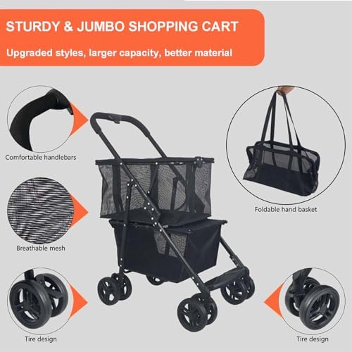 Folding Shopping Cart with Rolling Swivel Wheels Utility Trolley Cart, with Stylish Removable Tote Basket for Travel Shop Move Luggage Office (Black + Black Frame)