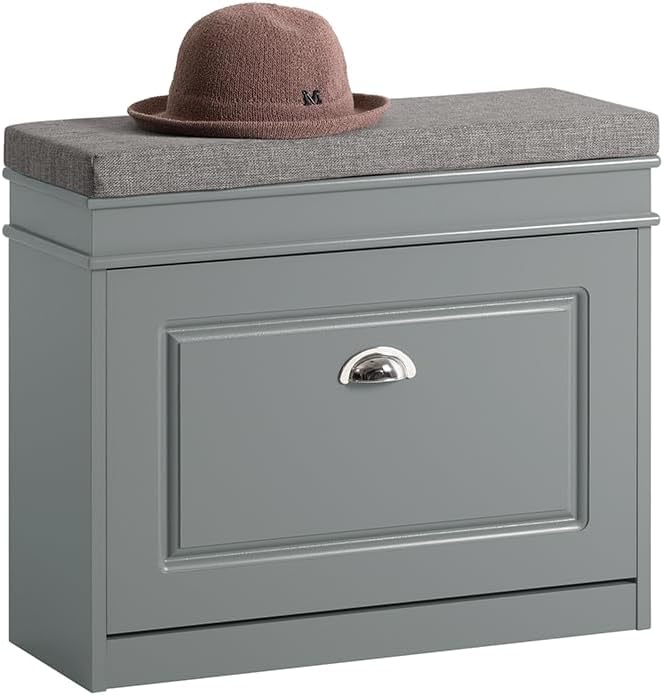 Haotian Grey Hallway Shoe Bench, Narrow Shoe Rack with Adjustable Shelf, Small Shoe Cabinet with 1 Flip-Drawer and Seat Cushion, FSR82-K-HG