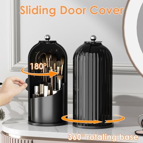 YOOLENS Makeup Brush Holder with Lid 360 Rotating Clear Dustproof Make Up Organizers for Vanity Bathroom Countertop, All Black