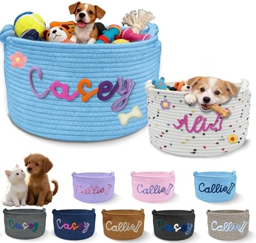 Personalized Dog Toy Basket with Embroidery Name Custom Cotton Rope Pet Storage Bin for Toys Treats Large Capacity Storage Bin with Handle Home Organizer & Pet Gift