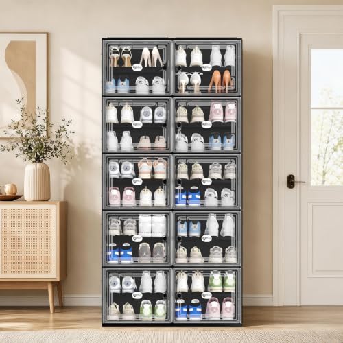 Black Shoe Storage Cabinet for 40 Pairs with Magnetic Clear Doors | Tool-free Assembly, Foldable Shoe Rack, Reinforecd Structure, Anti-Tiping, Furniture for Shoe Organizer, Closet, Garage