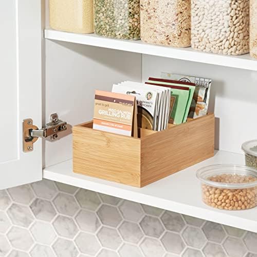 mDesign Bamboo Wood Compact Food Storage Organizer Bin Box - 4 Divided Sections - Holder for Seasoning Packets, Pouches, Soups, Spices, Snacks - Natural