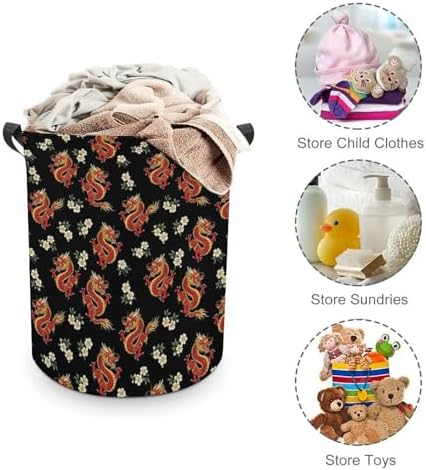 Waterproof Laundry Hamper with Handles Floral Chinese Japanese Dragon Flower, Collapsible Basket for Clothing, Toy, and Towel Organization in Home and Nursery