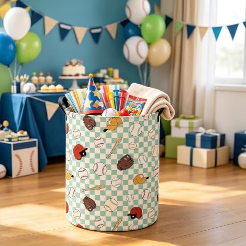 Round Laundry Basket Collapsible Storage Hamper Green Grid Baseball | Waterproof Canvas Foldable Baskets with sturdy Handles Multi-scene Organizer for Home Play Bedroom Gift Bin