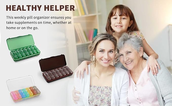 Pill Organizer 2 Times a Day, Weekly Travel Case for Vitamins, Fish Oils + 2 Detachable Cute Boxes (Brown)