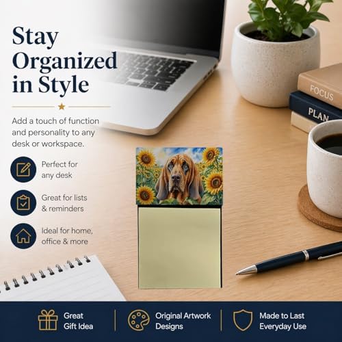 Caroline's Treasures Bloodhound in Sunflowers Watercolor Sticky Note Holder Refillable Dispenser Desk Accessory 3x3 Pad Gift