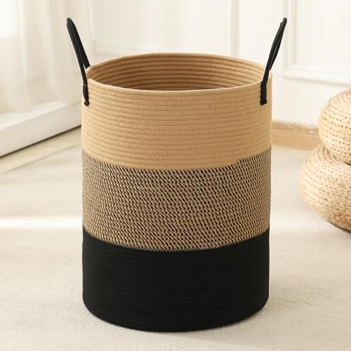 Laundry Basket Hamper Tall Rope Storage Woven for Blanket toys Dirty Clothes in Living Room Bathroom Bedroom (Jute Brown & Black, 100L/26.4Gal)