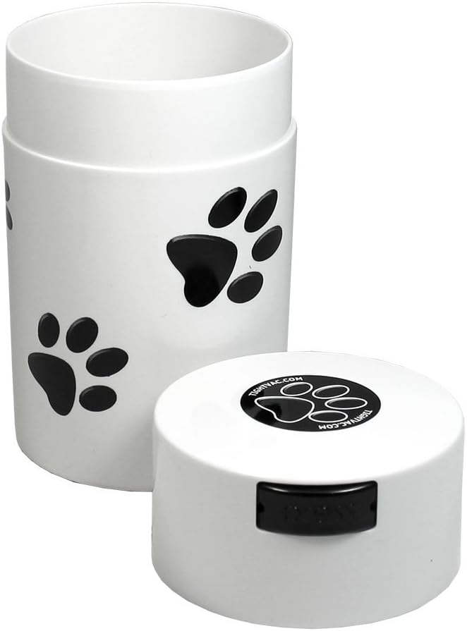 Tightpac Pawvac 1 to 6 Ounces Container, Airtight Pet Food and Treats Storage Jar - Patented Vacuum Seal Container for Pet Food, Treats and other Dry Goods - White with Paws