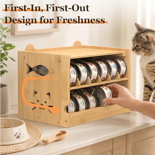ETELI Cat Food Can Organizer for Pantry 2 Tier Stackable Cat Food Storage Container Adjustable Can Dispenser Rack Holds 36 (3oz) Cans for Kitchen Countertop Cabinet