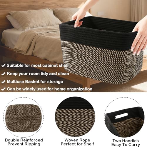 3 Pack Woven Baskets,Storage Baskets for Shelves with Handles | 13.5"×11"×9.5", Closet Baskets, Nursery Organizer for Toys Towels Books, Storage Bin for Living Room Bedroom (Black & Jute)