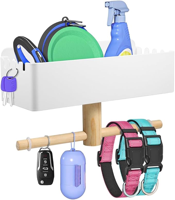 Picowe Dog Leash Holder for Wall, Metal and Wood Dog Leash Hooks, Pet Stuff Storage Shelf Storage for Leashes,Collar, Toys, Treats, Poop Bag (White)
