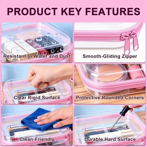 2 Pack Pink Clear Hard Shell Zipper Case, 8.86" x 6.38", Zipper Pouch