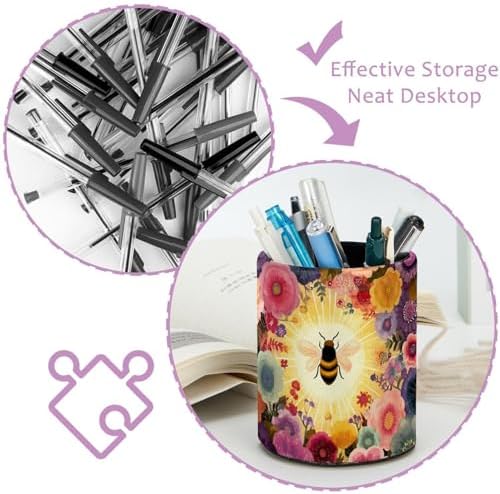Faux Leather Pen Holder for Desk, Pencil Organizer Bee Pen Cup Desk Decor Makeup Brush Holder Storage for Office Home