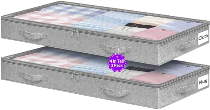 4-in Low Profile Under Bed Storage, No Structure, 2-Pack, Gray | 4" Ultra-Slim, Clear Lid, Reinfoced Handles & Smooth Zips, Dustproof & Waterproof, for Low Bed, Couch, Crib Storage